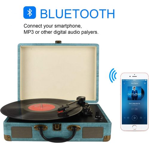  [아마존베스트]Kedok Record Player Vintage 3-Speed Bluetooth Vinyl Turntable with Stereo Speaker, Belt Driven Suitcase Vinyl Record Player