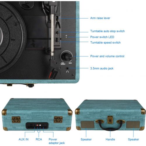  [아마존베스트]Kedok Record Player Vintage 3-Speed Bluetooth Vinyl Turntable with Stereo Speaker, Belt Driven Suitcase Vinyl Record Player