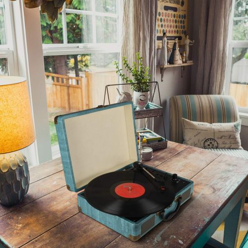  [아마존베스트]Kedok Record Player Vintage 3-Speed Bluetooth Vinyl Turntable with Stereo Speaker, Belt Driven Suitcase Vinyl Record Player