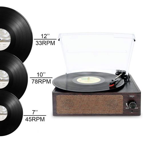  [아마존베스트]Cotsoco Bluetooth Record Player Belt-Driven 3-Speed Turntable, Vintage Vinyl Record Players Built-in Stereo Speakers, with Headphone Jack/ Aux Input/ RCA Line Out, Brown Wooden