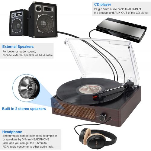  [아마존베스트]Kedok Bluetooth Record Player Belt-Driven 3-Speed Turntable, Vintage Vinyl Record Players Built-in Stereo Speakers, with Headphone Jack/Aux Input/RCA Line Out, Brown Wooden