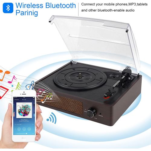  [아마존베스트]Kedok Bluetooth Record Player Belt-Driven 3-Speed Turntable, Vintage Vinyl Record Players Built-in Stereo Speakers, with Headphone Jack/Aux Input/RCA Line Out, Brown Wooden