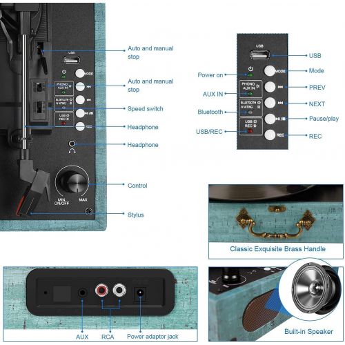  Kedok Vinyl Turntable Record Player with Built-in Bluetooth Receiver & Stereo Speakers,3 Speed 3 Size All-in-one Suitcase Record Player for Entertainment and Home Decoration,Support Viny