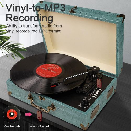  Kedok Vinyl Turntable Record Player with Built-in Bluetooth Receiver & Stereo Speakers,3 Speed 3 Size All-in-one Suitcase Record Player for Entertainment and Home Decoration,Support Viny