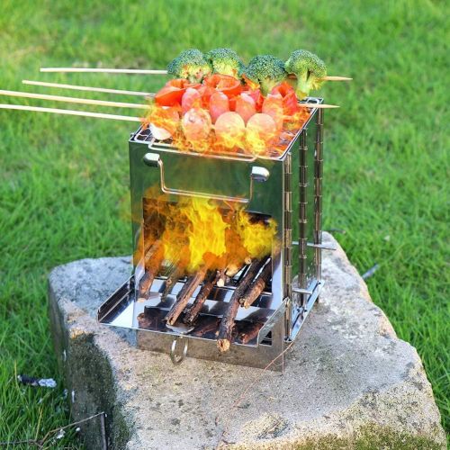  Keenso Camping BBQ Grill Folding Wood Stove Outdoor Barbecue Stove BBQ Camping Charcoal Stove Stainless Steel Plug Wood Stove