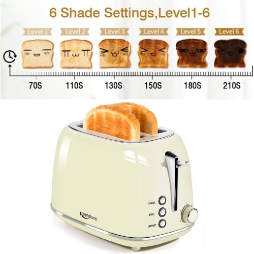  Keenstone Toasters 2 Slice Retro Stainless Steel Toasters with Bagel, Cancel, Defrost Function and 6 Bread Shade Settings Bagel Toaster, Beige