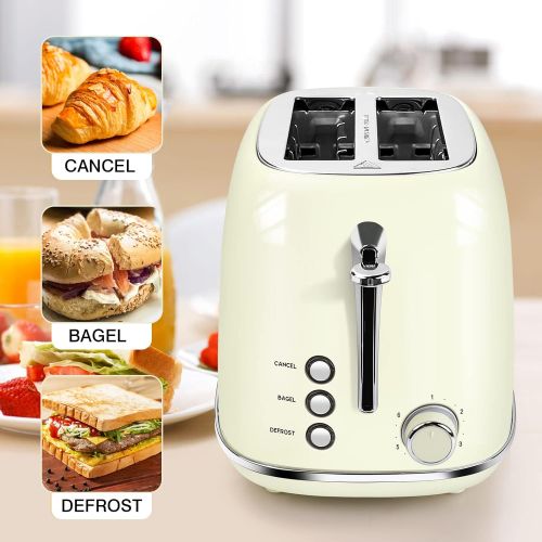  Keenstone Toasters 2 Slice Retro Stainless Steel Toasters with Bagel, Cancel, Defrost Function and 6 Bread Shade Settings Bagel Toaster, Beige