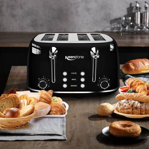  Toaster 4 Slice Stainless Steel Toaster with Bagel, Cancel, Defrost Function, Keenstone 4 Slice Toaster with Removable Crumb Tray, 4 Extra Wide Slots, 6 Shade Settings, Black