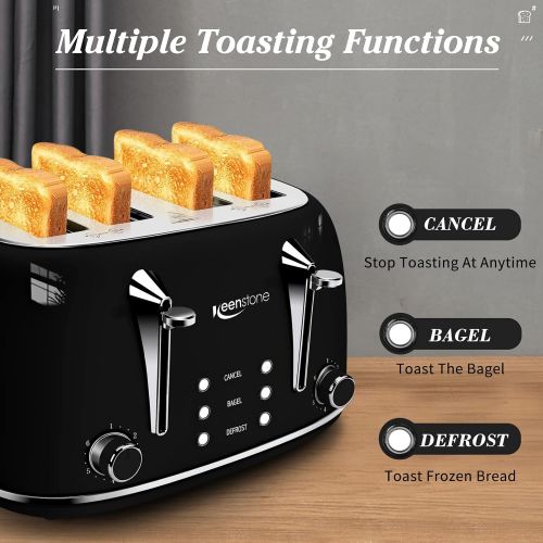  Toaster 4 Slice Stainless Steel Toaster with Bagel, Cancel, Defrost Function, Keenstone 4 Slice Toaster with Removable Crumb Tray, 4 Extra Wide Slots, 6 Shade Settings, Black