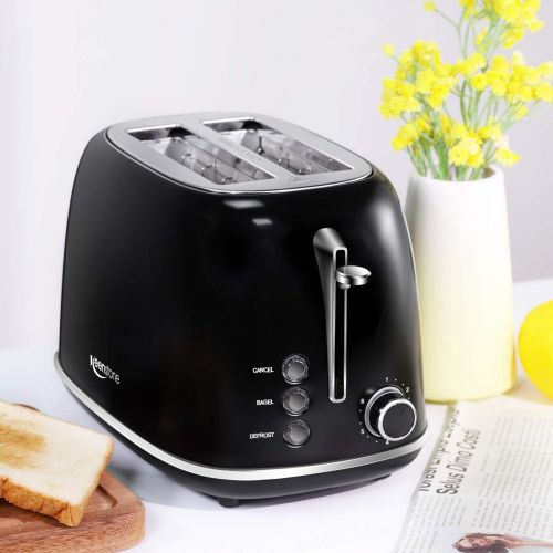  [아마존베스트]Keenstone 2-Slice Retro Toasters, Anti-fingerprint Stainless Steel Toaster with Wide Slots, Bagel/Defrost/Cancel Function, Removable Tray, Black