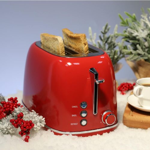  [아마존베스트]Keenstone Retro 2 Slice Toaster Stainless Steel Toaster with Bagel, Cancel, Defrost Fuction and Extra Wide Slots Toasters, 6 Shade Settings,Removable Crumb Tray, Red