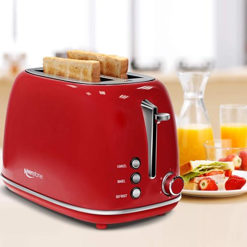  [아마존베스트]Keenstone Retro 2 Slice Toaster Stainless Steel Toaster with Bagel, Cancel, Defrost Fuction and Extra Wide Slots Toasters, 6 Shade Settings,Removable Crumb Tray, Red