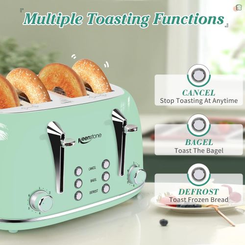  Toaster 4 Slice, Keenstone 4 Slice Toaster, Retro Toaster with Extra Wide Slots, Bagel/Cancel/Defrost Function, Removable Crumb Tray, 6 Shade Settings, Stainless Steel, Green