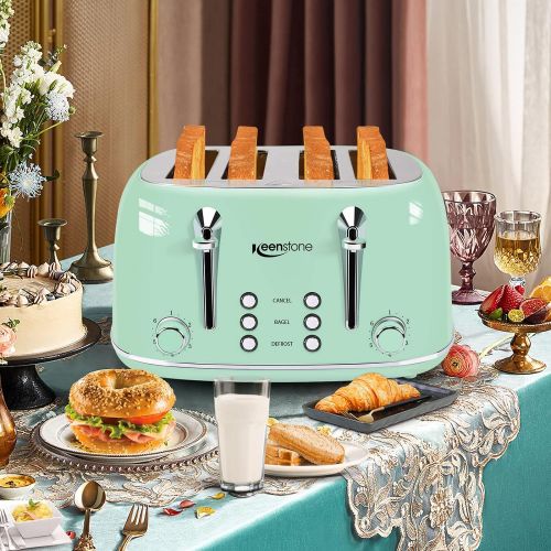  Toaster 4 Slice, Keenstone 4 Slice Toaster, Retro Toaster with Extra Wide Slots, Bagel/Cancel/Defrost Function, Removable Crumb Tray, 6 Shade Settings, Stainless Steel, Green