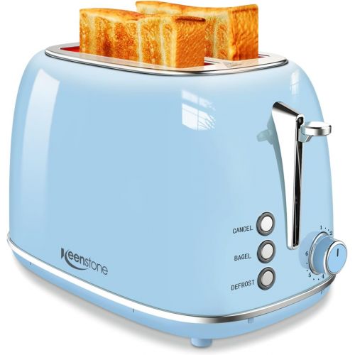  Keenstone Toaster 2 Slice Stainless Steel Toaster Retro with 6 Bread Shade Settings, Bagel, Cancel, Defrost Function, 2 Slice Toaster with Extra Wide Slot, Removable Crumb Tray, Blue
