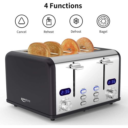  Toaster 4 Slice, Extra Wide Slots, Keenstone Stainless Steel Toaster with Removable Crumb Tray, Bagel, Cancel, Defrost Function, 6 Shade Settings, Black