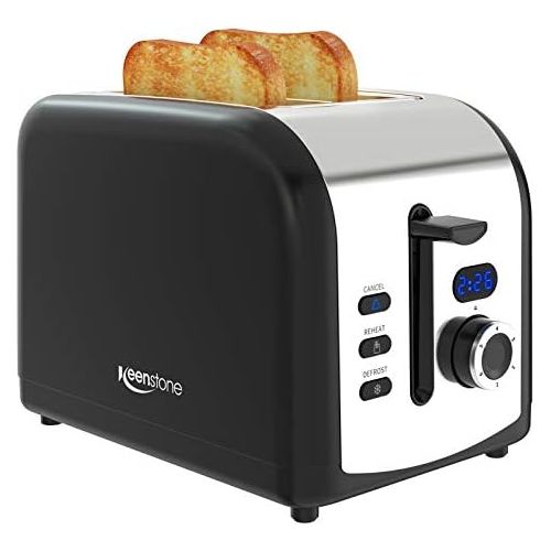  [아마존베스트]Keenstone Black Toaster 2 Slice, LCD Screen Stainless Steel Retro Toaster with Timer, Defrost/Reheat/Cancel Function, Extra Wide Slot and Removable Crumb Tray