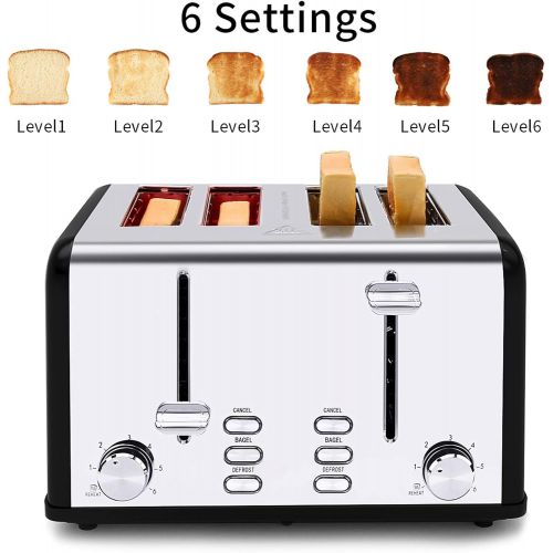  [아마존베스트]4 Slice Toaster, Keenstone Stainless Steel Retro Toasters with 1.5 Wide Slot, Bagel/Defrost/Reheat/Cancel Fuction, 6 Shade Settings, Removable Crumb Tray, Black