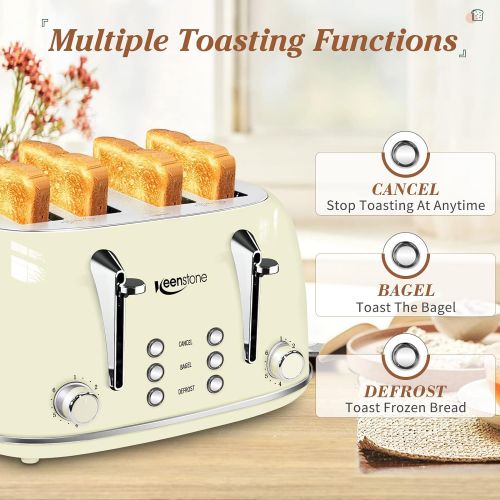  [아마존베스트]4 Slice Toaster, Keenstone Retro Bagel Toasters with Timer, Wide Slot, Crumb Tray, Brushed Stainless Steel