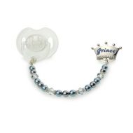 Luxury Keepsake Gift Swarovski Blue Simulated Pearls and Crystals Hand Crafted Enamel Crown Sterling Silver Baby Boy Prince Pacifier Clip 8 inch (CPB)