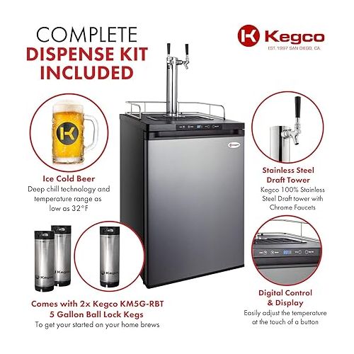  Kegco HBK309S-2 Home Brew Keg Dispenser, Stainless Steel, 2 Tap