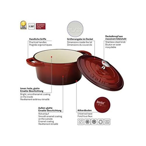  Kela 11941 Brater mit Deckel, Gusseisen, Emaille-Beschichtung, Hohe Warmespeicherung, Induktionsgeeignet, 4 L, Rot, Rund, Calido