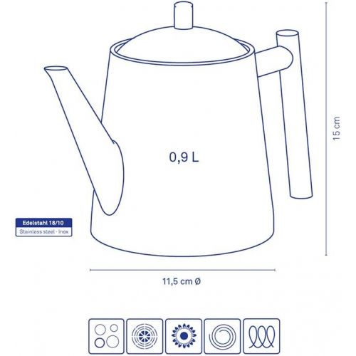  Kela 11355 Teekanne mit Siebeinsatz, Edelstahl 0,9 l, Ancona