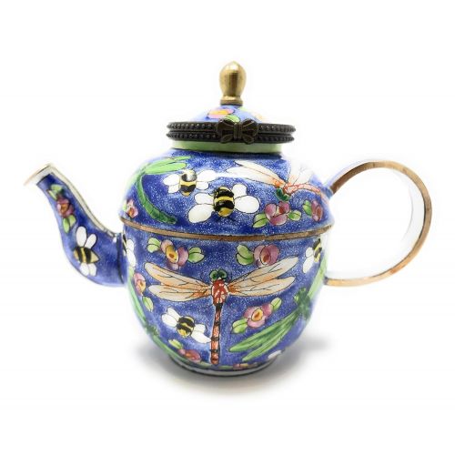  Kelvin Chen Enameled Miniature Hinged Lid Teapot - Dragonfly and Bees, 3.25T