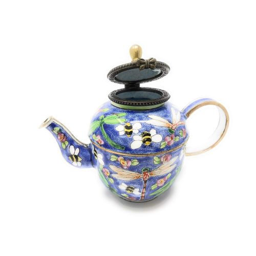  Kelvin Chen Enameled Miniature Hinged Lid Teapot - Dragonfly and Bees, 3.25T