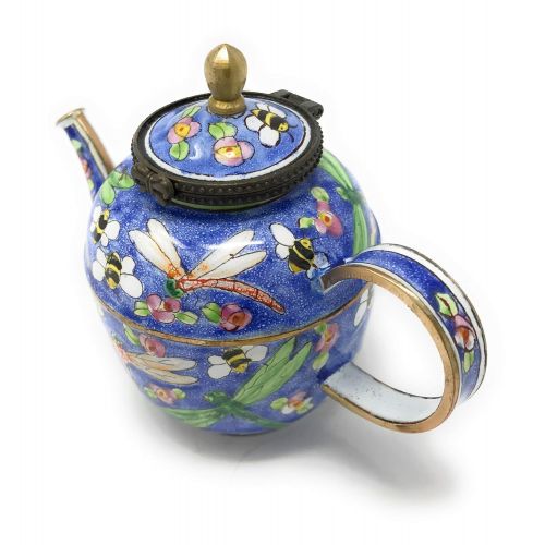  Kelvin Chen Enameled Miniature Hinged Lid Teapot - Dragonfly and Bees, 3.25T