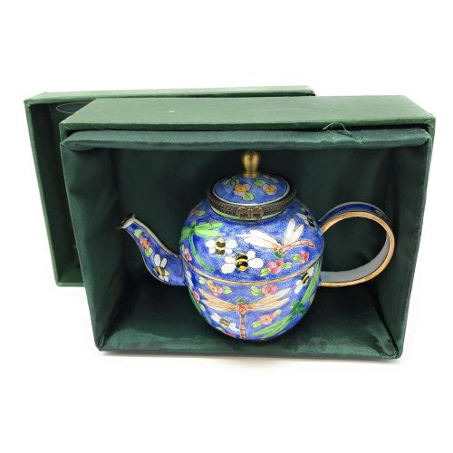  Kelvin Chen Enameled Miniature Hinged Lid Teapot - Dragonfly and Bees, 3.25T