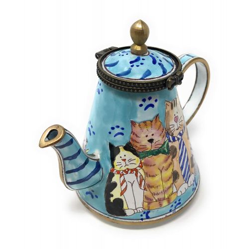  Kelvin Chen Cats in Ties Enameled Miniature Teapot with Hinged Lid, 3.75 Inches Long
