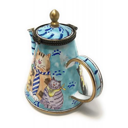  Kelvin Chen Cats in Ties Enameled Miniature Teapot with Hinged Lid, 3.75 Inches Long