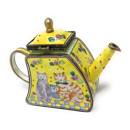  Kelvin Chen Kitty Cat Family Enameled Miniature Teapot with Hinged Lid, 4.25 Inches Long