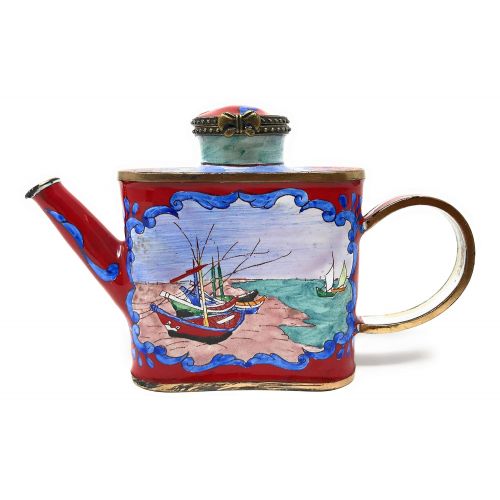  Kelvin Chen Van Gogh Fishing Boats Enameled Miniature Teapot with Hinged Lid, 4.75 Inches Long