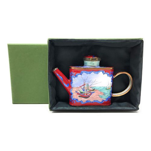  Kelvin Chen Van Gogh Fishing Boats Enameled Miniature Teapot with Hinged Lid, 4.75 Inches Long