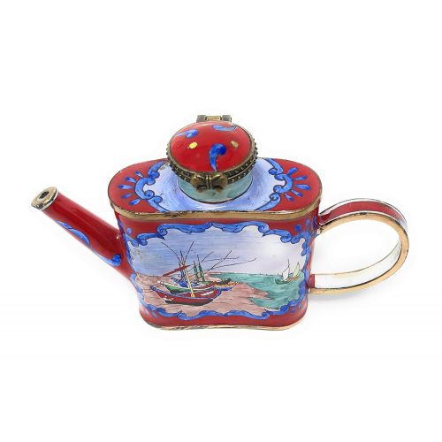  Kelvin Chen Van Gogh Fishing Boats Enameled Miniature Teapot with Hinged Lid, 4.75 Inches Long