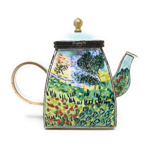  Kelvin Chen Van Gogh Garden in Bloom Enameled Miniature Teapot with Hinged Lid, 4 Inches Long