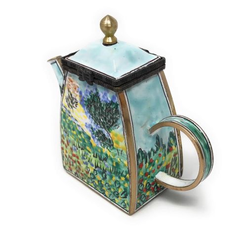  Kelvin Chen Van Gogh Garden in Bloom Enameled Miniature Teapot with Hinged Lid, 4 Inches Long