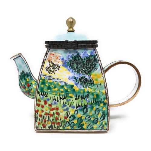  Kelvin Chen Van Gogh Garden in Bloom Enameled Miniature Teapot with Hinged Lid, 4 Inches Long