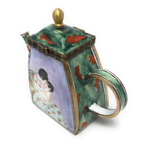  Kelvin Chen Cassatts Mothers Kiss Enameled Miniature Teapot with Hinged Lid, 4.25 Inches Long