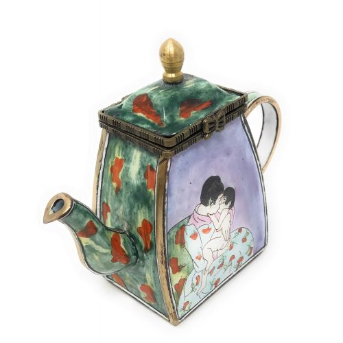  Kelvin Chen Cassatts Mothers Kiss Enameled Miniature Teapot with Hinged Lid, 4.25 Inches Long