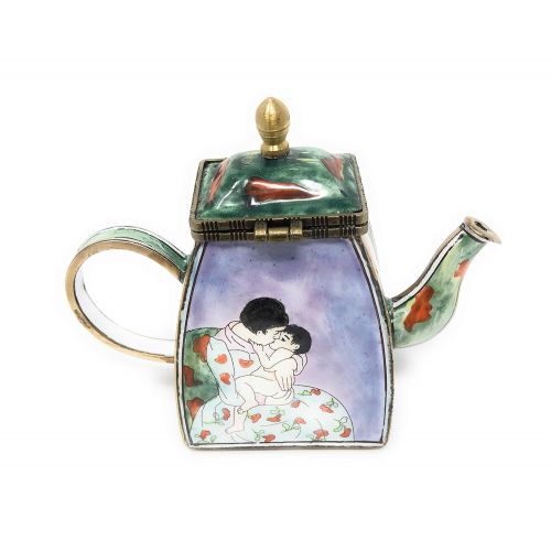  Kelvin Chen Cassatts Mothers Kiss Enameled Miniature Teapot with Hinged Lid, 4.25 Inches Long
