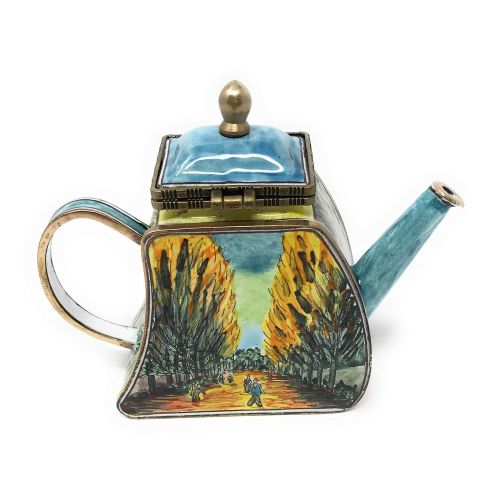  Kelvin Chen Van Gogh Les Alyscamps Enameled Miniature Teapot with Hinged Lid, 4.25 Inches Long