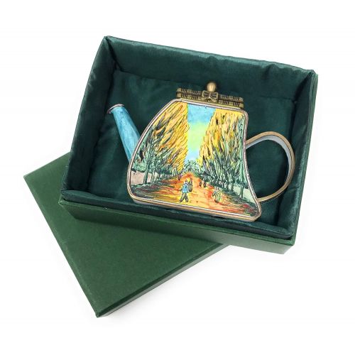  Kelvin Chen Van Gogh Les Alyscamps Enameled Miniature Teapot with Hinged Lid, 4.25 Inches Long