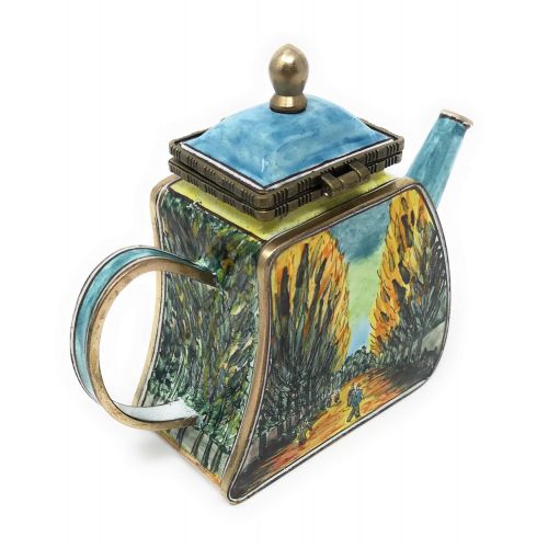  Kelvin Chen Van Gogh Les Alyscamps Enameled Miniature Teapot with Hinged Lid, 4.25 Inches Long