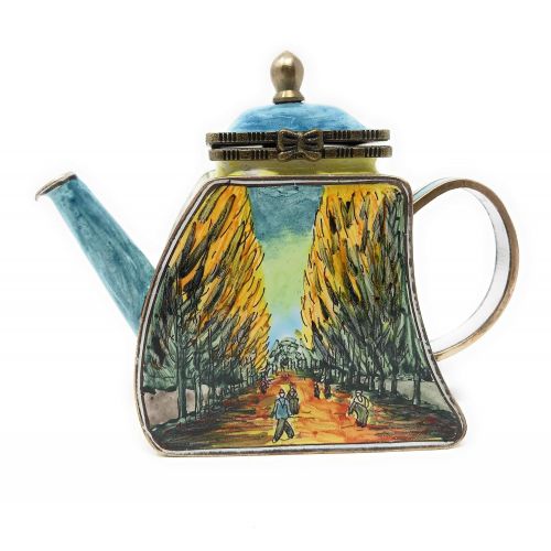  Kelvin Chen Van Gogh Les Alyscamps Enameled Miniature Teapot with Hinged Lid, 4.25 Inches Long