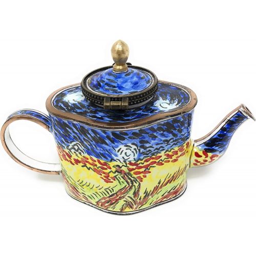  Kelvin Chen Vincent Van Gogh Wheat Field with Crows Enameled Miniature Teapot with Hinged Lid, 4.75 Inches Long