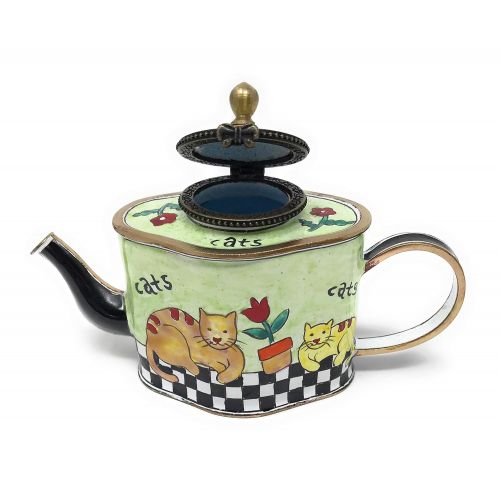  Kelvin Chen Cats Enameled Miniature Teapot with Hinged Lid, 5 Inches Long