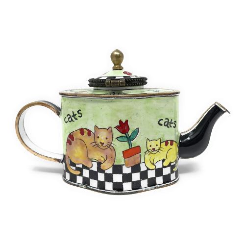  Kelvin Chen Cats Enameled Miniature Teapot with Hinged Lid, 5 Inches Long